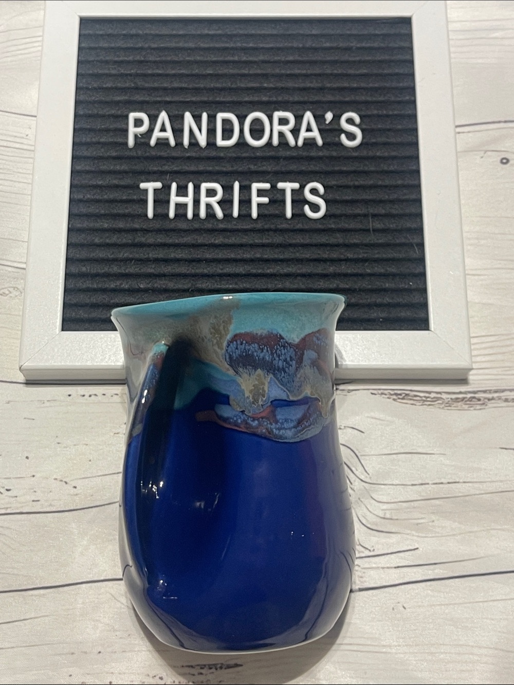 Handcrafted Multi Blue Ceramic Mug with hand insert Preowned